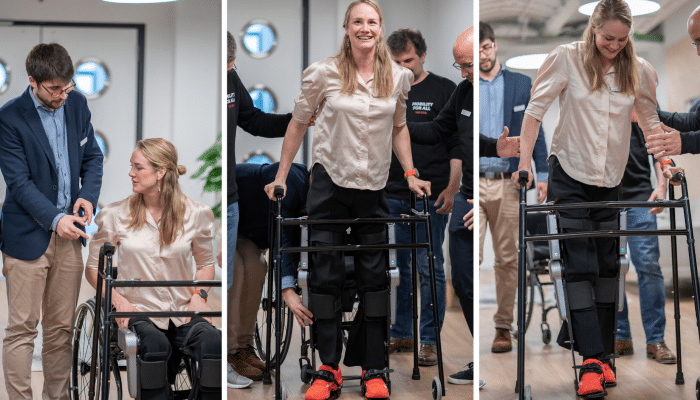 Birgit Skarstein (Norwegian Paralympic athlete) is using the ABLE exoskeleton.
