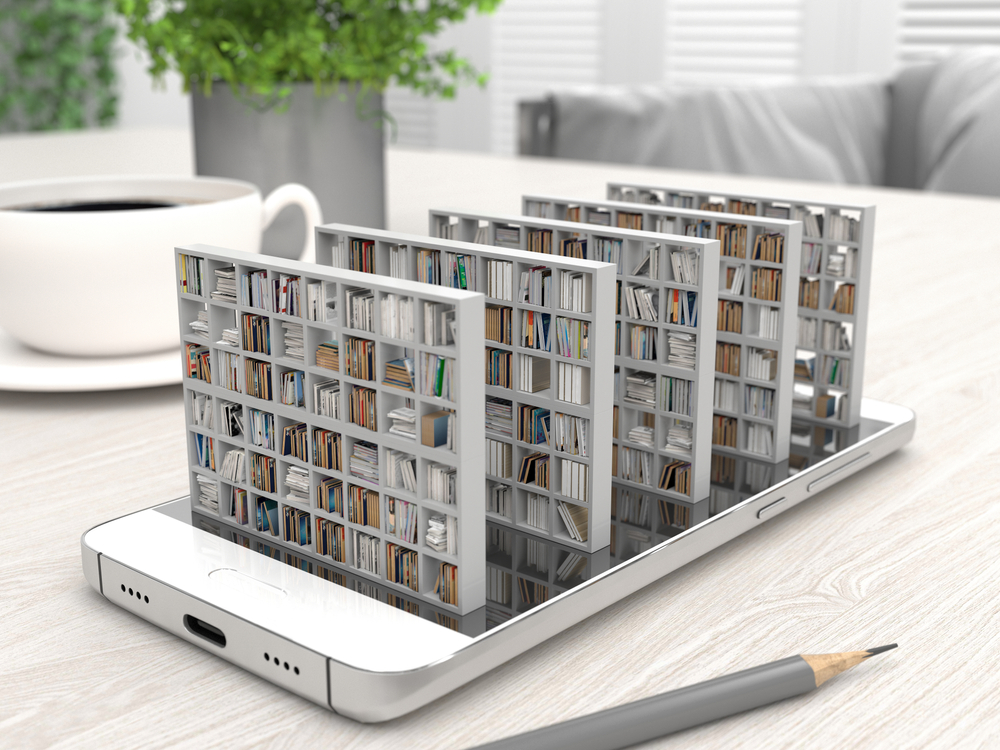 A smart phone with literature and books on a bookshelf coming out of the phone