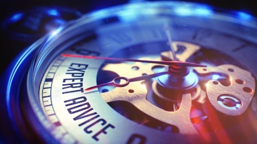 A clock showing hands pointing to expert advice