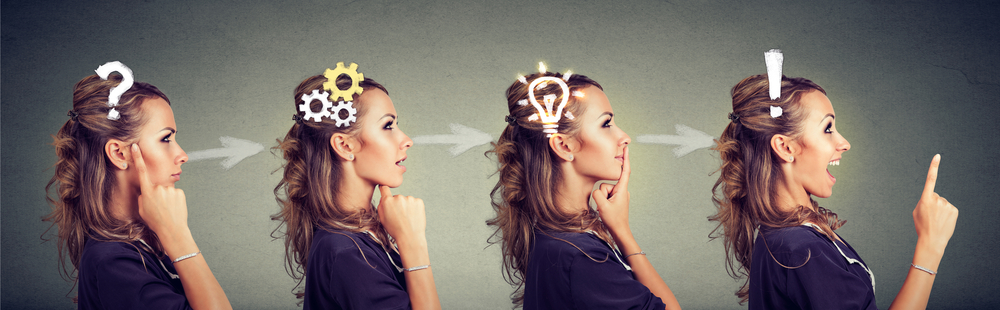 During an audit, use emotional intelligence. This image is a side view sequence of a woman thoughtful, thinking, finding a solution with gear mechanism, question, exclamation, lightbulb symbols.