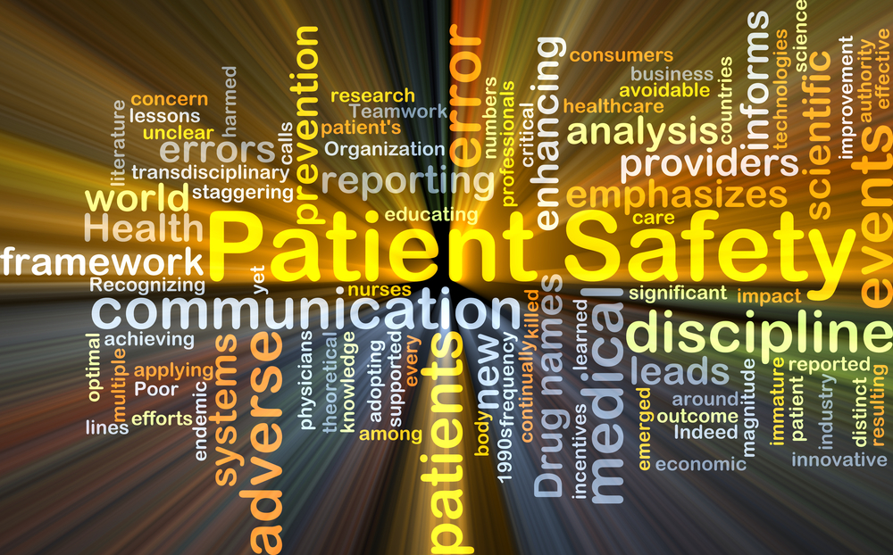 A word cloud describing patient safety