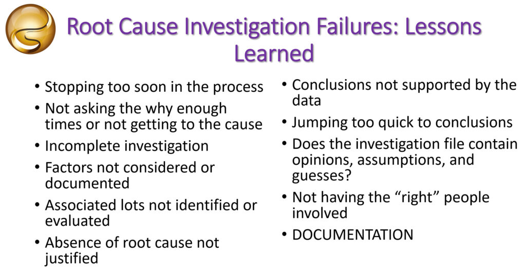 A list of lessons learned from analyzing root cause investigation failures