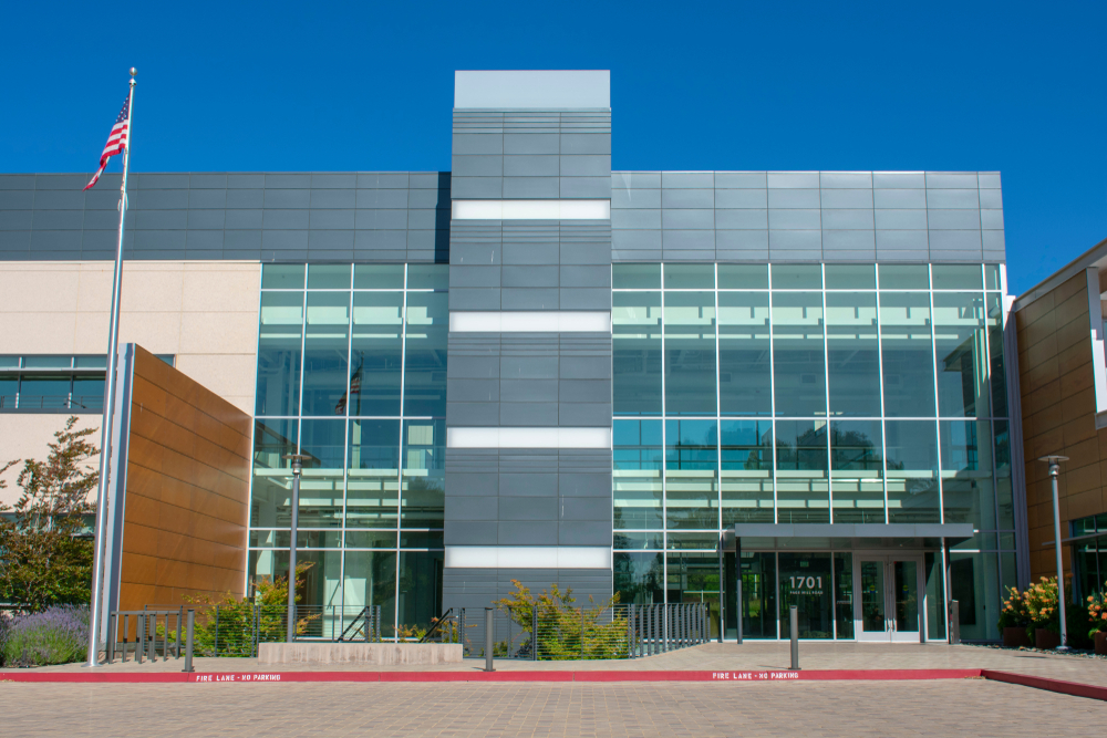 Palo Alto, California, United States - June 22, 2018: An empty brand-new office building in Palo Alto. The building is a former headquarters of privately held health technology company Theranos.