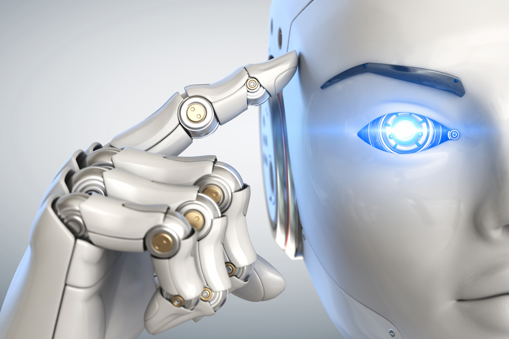 Robot holds a finger near the head. 3D illustration.